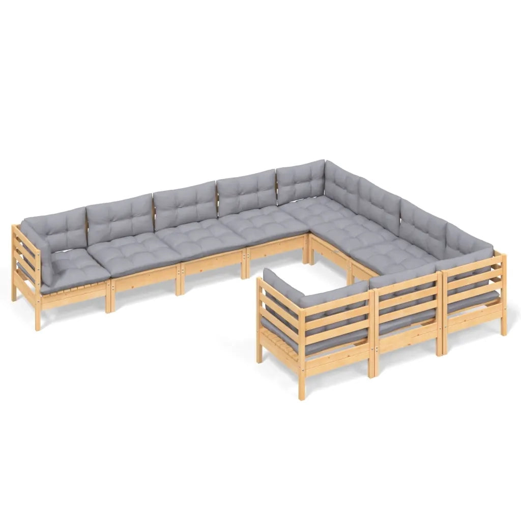 Set Divani da Giardino 10 pz con Cuscini Grigi Massello di Pino 3096994