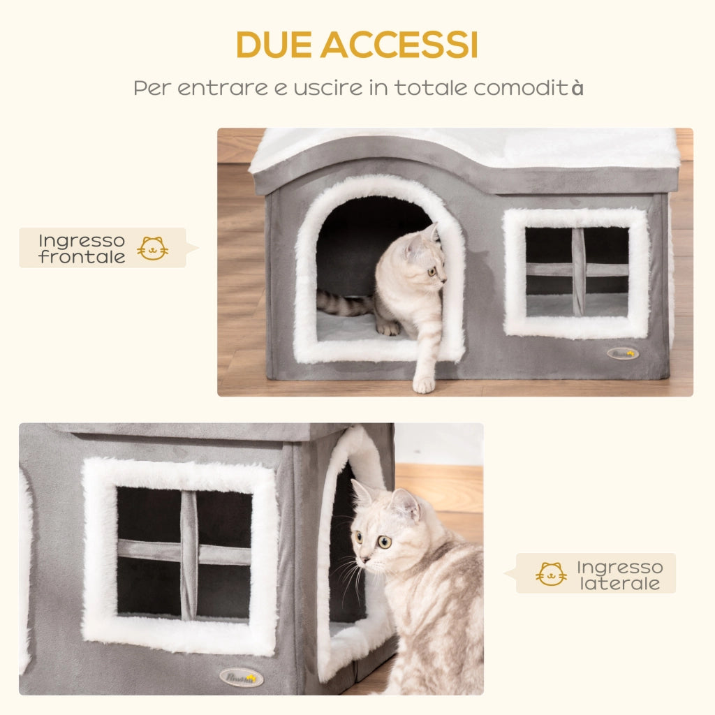 Casetta per Gatti da Interno con 2 Entrate e Finestra. Cuscino e Base Antiscivolo. 63.5x37x40cm. Grigio
