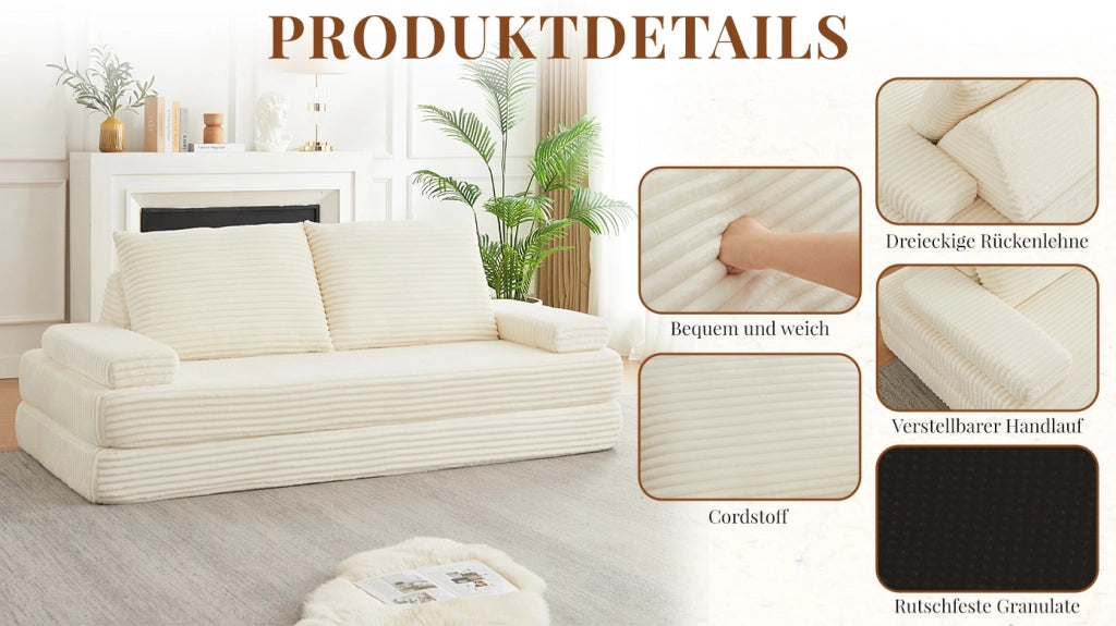 Divano letto in corda moderno ¨C Minimal ¨C 210cm con due cuscini e braccioli rimovibili