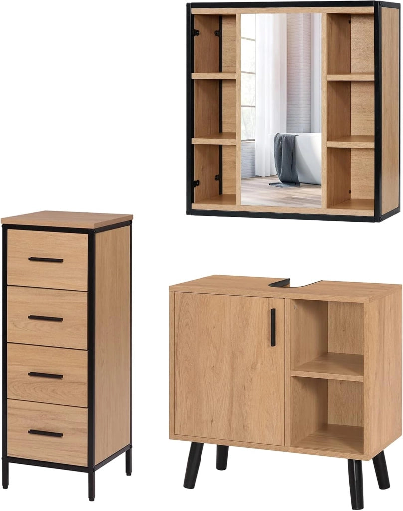 Set di mobili da bagno con armadietto a specchio, per bagno, comò con 4 cassetti, in metallo + legno, modello 14