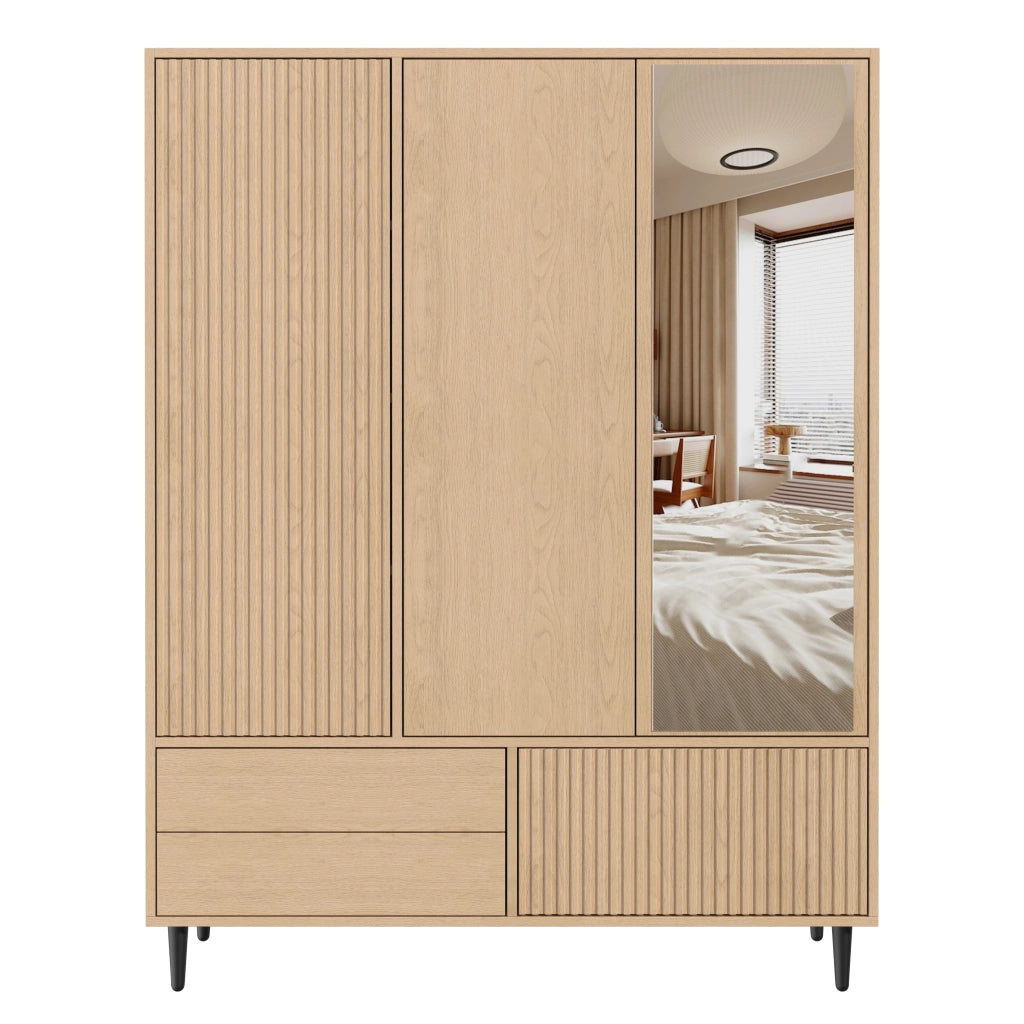 Armadio guardaroba 3 ante con specchio; 3 cassetti e appendiabiti 135x45x200 cm