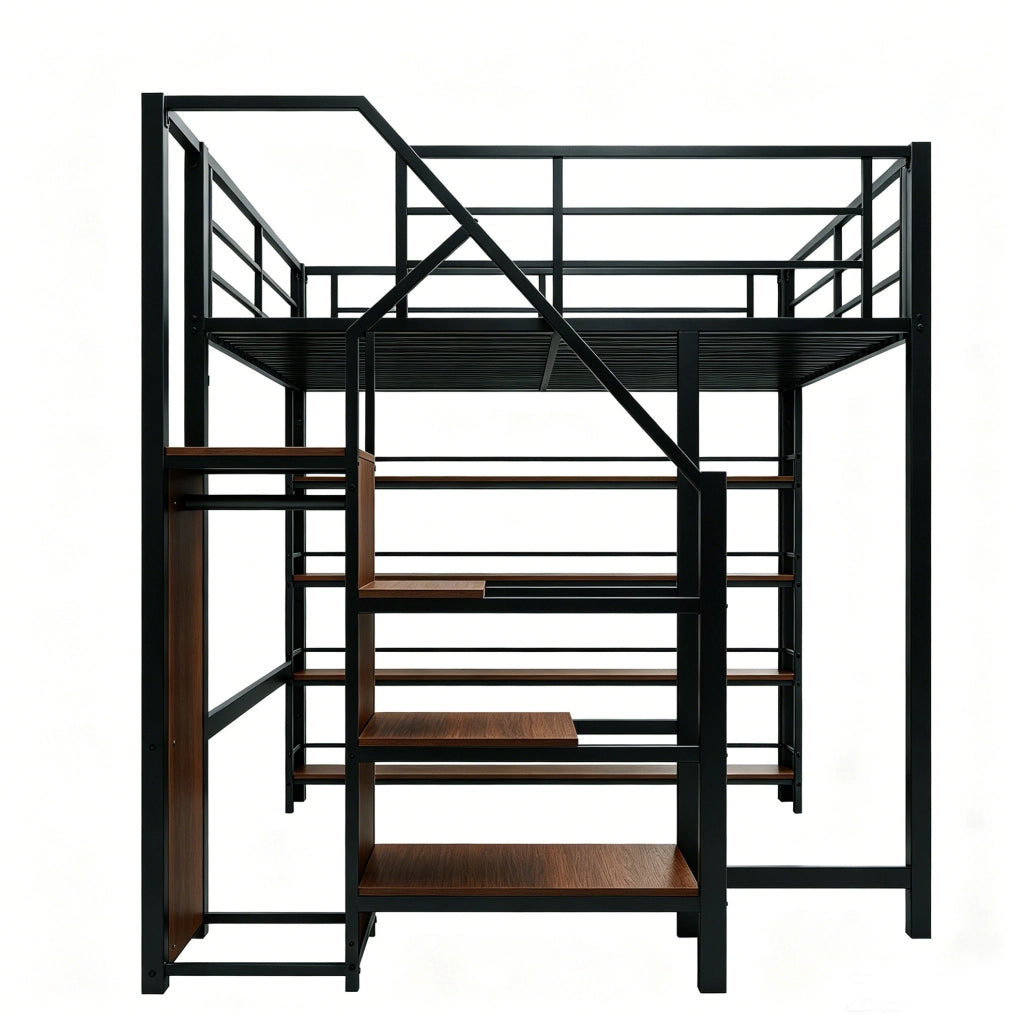 Letto a soppalco 140x200 con scala contenitore, guardaroba e ripiani