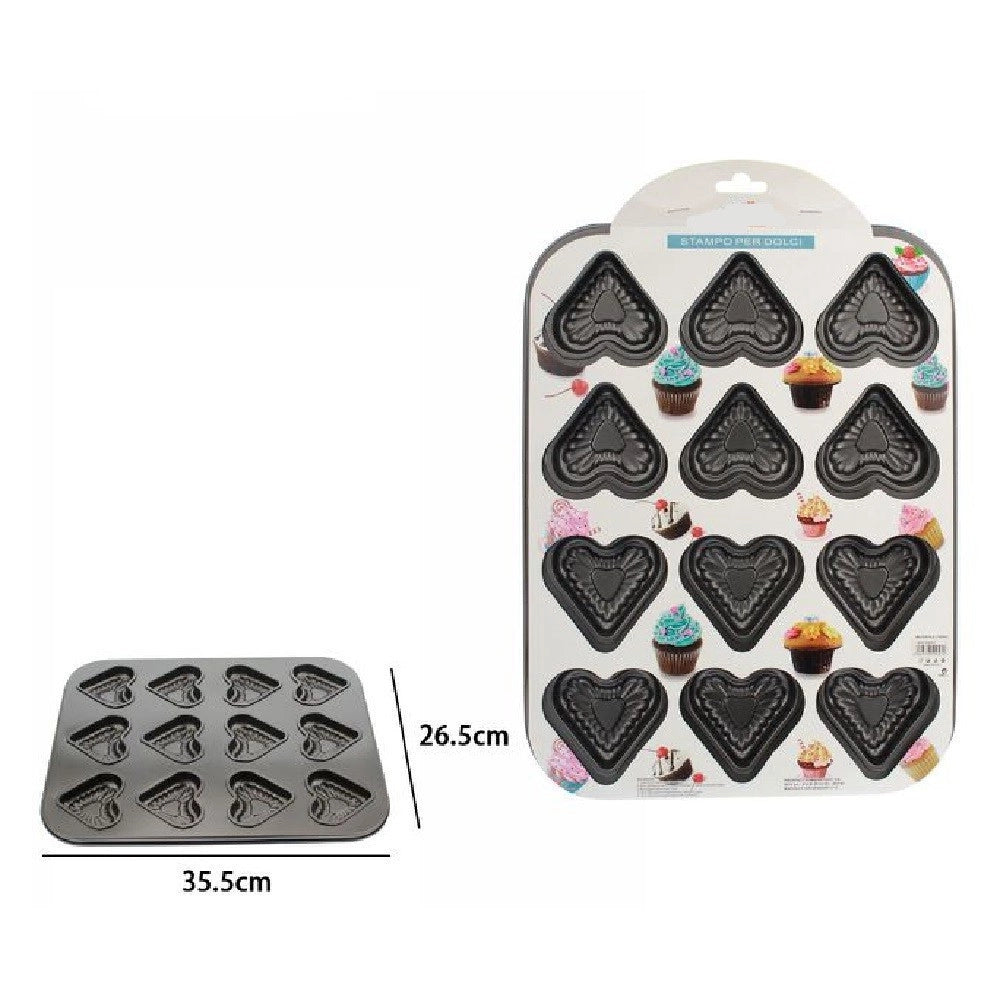 Trade Shop - Stampo Teglia Vassoio Antiaderente Per 12 Muffin Cupcake Dolci Budino Cuori 59947 -
