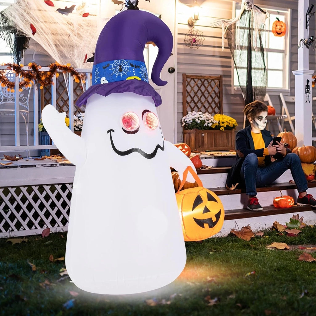 Fantasma Gonfiabile per Halloween 180 cm, con Lanterna di Zucca e Cappello da Mago, Decorazione Gonfiabile per Halloween con Luci LED e Soffiatore Incorporato, per Cortile, Prato e Feste