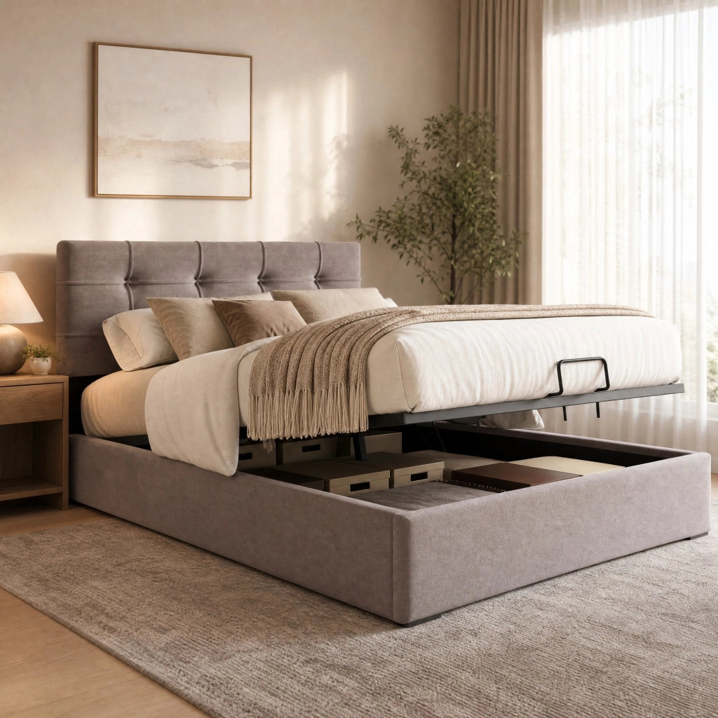 Letto imbottito 90x200 cm con contenitore e testiera regolabile; velluto grigio chiaro