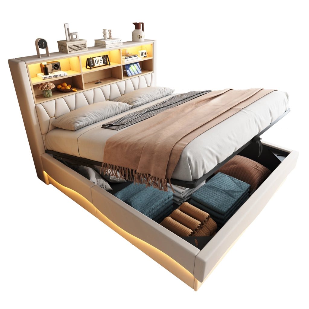 Letto Contenitore 180x200 cm Matrimoniale; LED; USB; con Testiera; in Ferro e Lino Beige