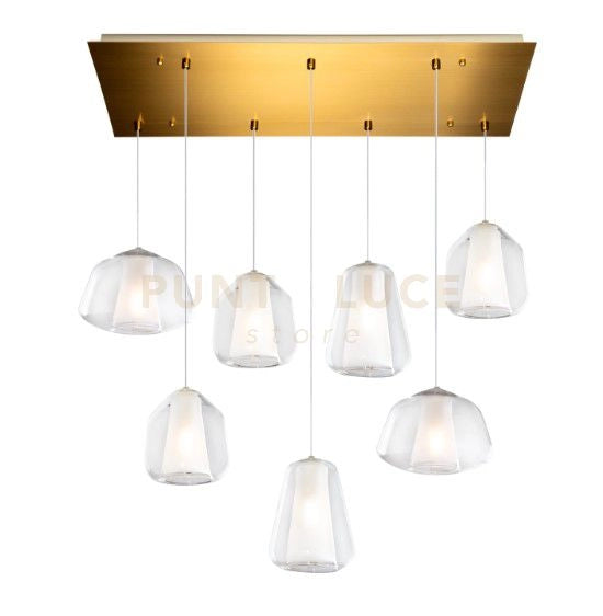 SOSPENSIONE OTTONE SAT. 7 LUCI RETTANGOLARE VETRI 2X ALPHA + 3X BETA + 2X GAMMA TRASPARENTI 1176OS-S7 R ABG-TR