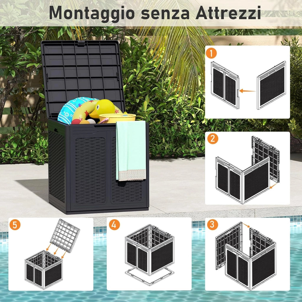 Baule da Esterno 145 L, Cassapanca Contenitore Impermeabile con Effetto Rattan, Coperchio Bloccabile e Maniglie, per Giardino, Patio e Piscina, 56 x 56 x 60,5 cm (Nero)
