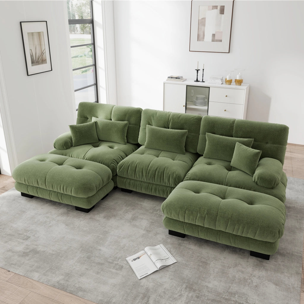 Divano modulare angolare a U con seduta profonda e pouf mobili, in ciniglia verde 313 × 145 × 81 cm