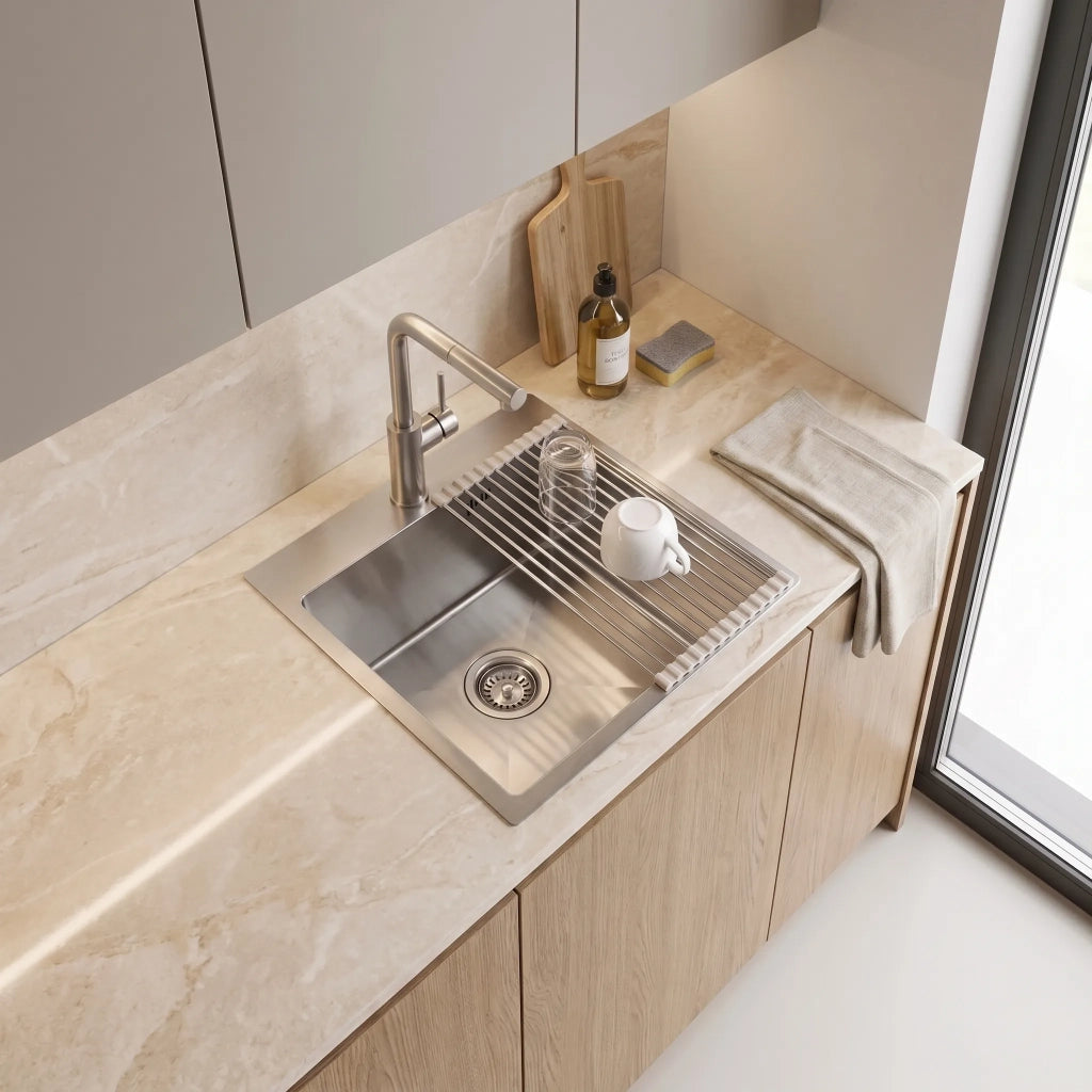 Lavello In Acciaio Con Set Di Accessori 3 Pz. Rea Leo 40 Brush Nickel Accessori beige