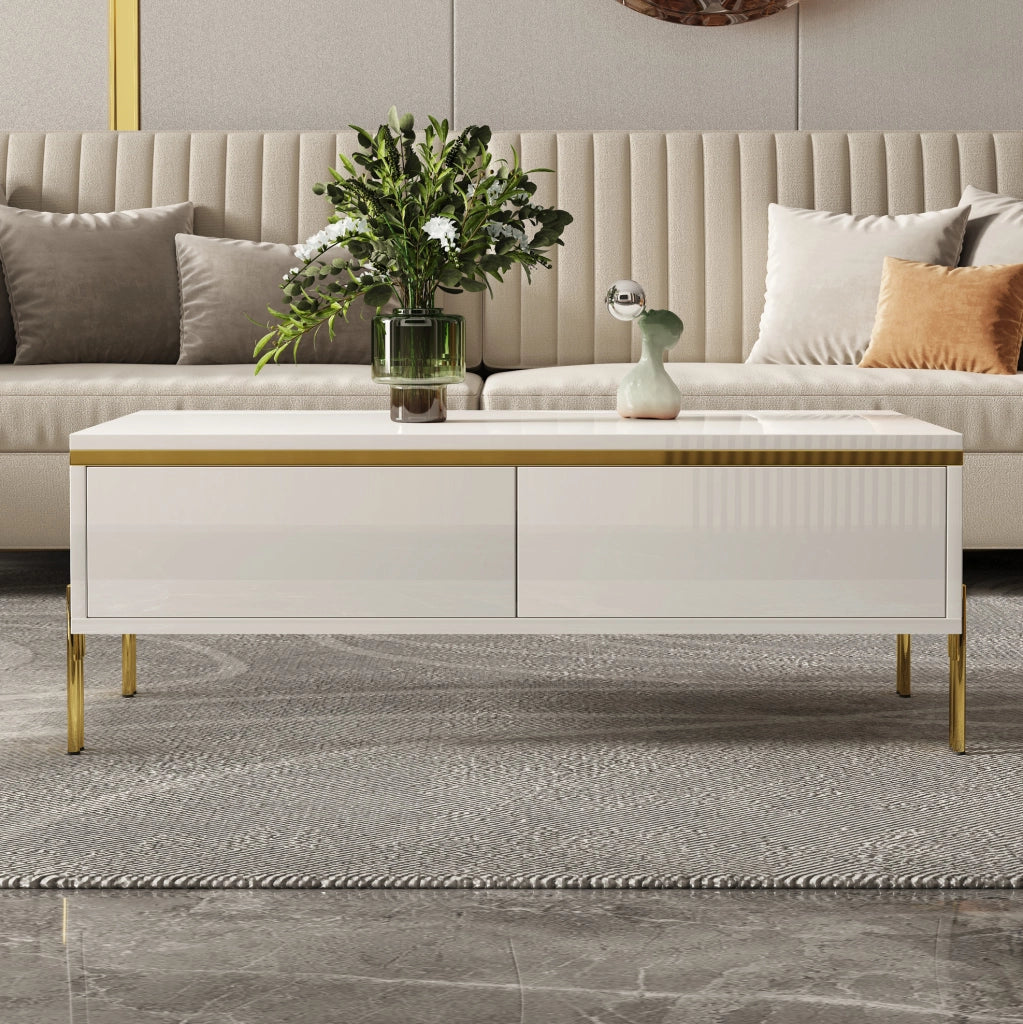Tavolino da salotto 100x50x36 cm con cassetti su entrambi i lati; pannello truciolare bianco
