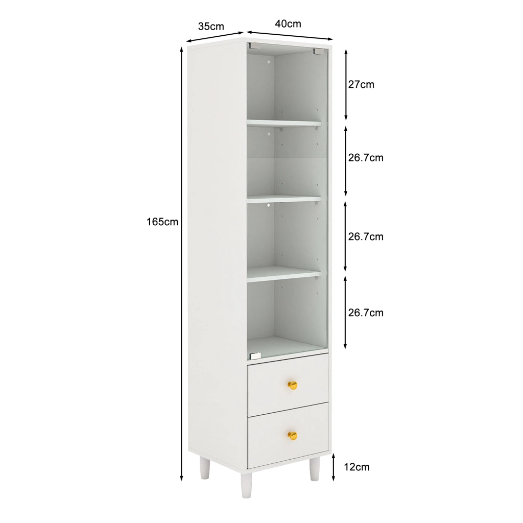 Vetrina con LED, 4 ripiani e 2 cassetti, ante in vetro, per soggiorno e sala da pranzo, in MDF e vetro, bianco