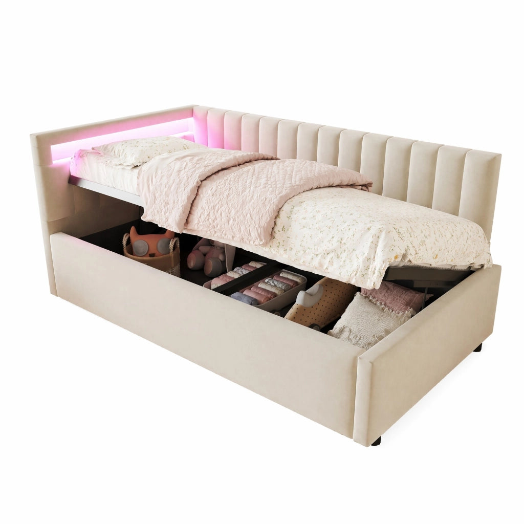 Letto imbottito con LED e contenitore idraulico 90x200