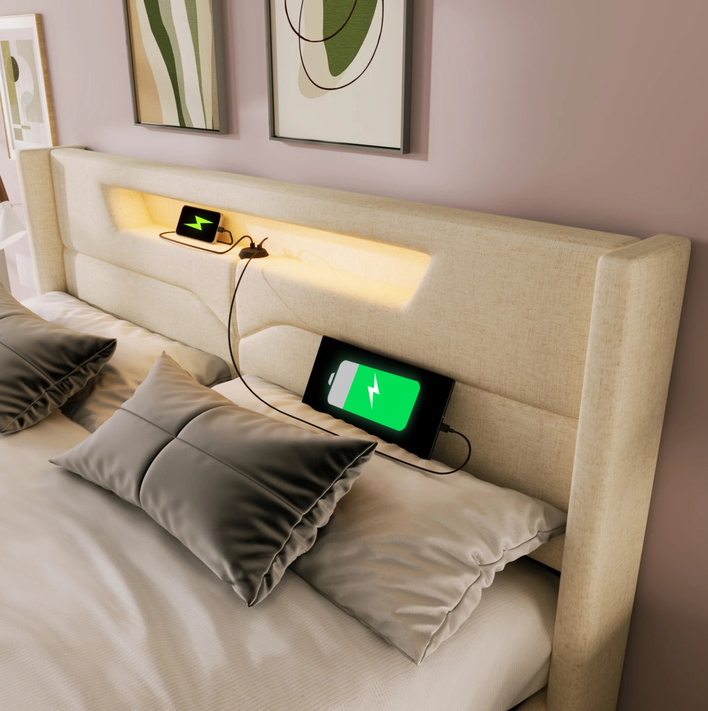 Letto matrimoniale imbottito 160x200 cm in lino beige con LED; USB e porta Type C