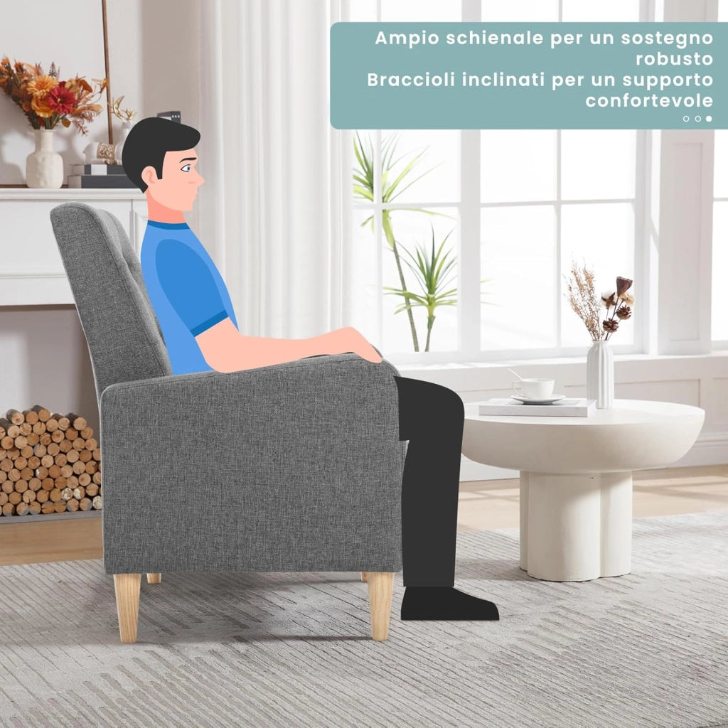 Poltrona da Salotto, Poltrona Relax con Schienale Alto, Sedia di Relax con Pieno Legno Massello Piedi, Seduta Imbottita, Rivestimento in Lino, per Salotto, Ufficio, Grigio Scuro, SKS41dgr