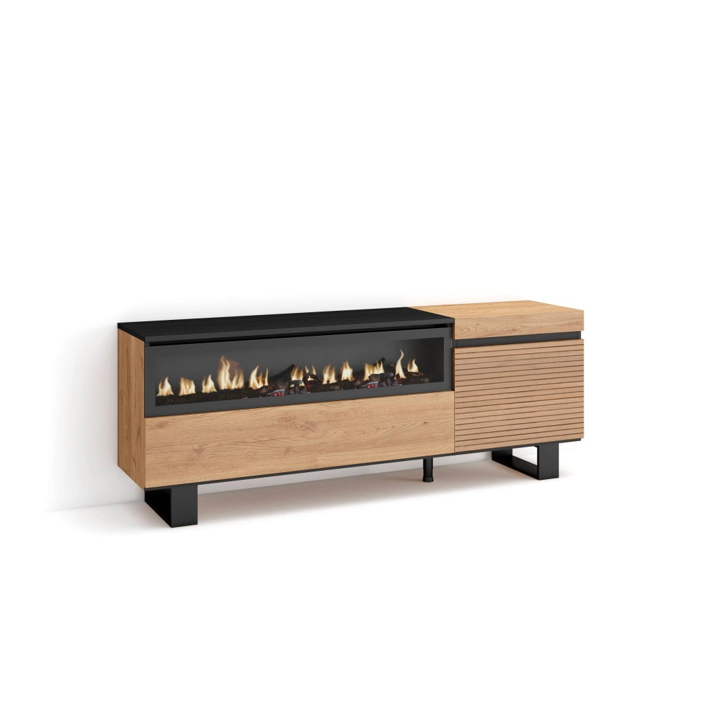 Mobile TV Soggiorno, 150x35x57cm, Per TV fino a 65", Camino elettrico, Design industriale, colore Rovere RF3302