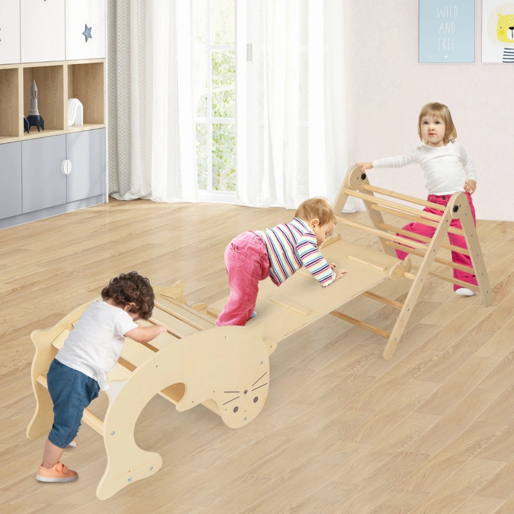 Set di arrampicate 3-in-1 per bambini, Arrampicatore pieghevole in legno con scivolo reversibile dondolo Naturale-Arrampicate e scivoli