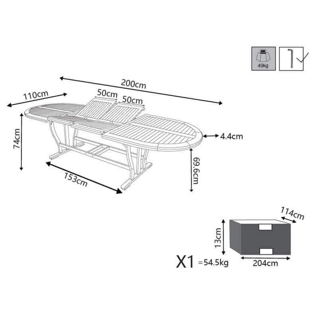 Tavolo ovale estensibile 200/300x110 cm in legno massiccio di acacia