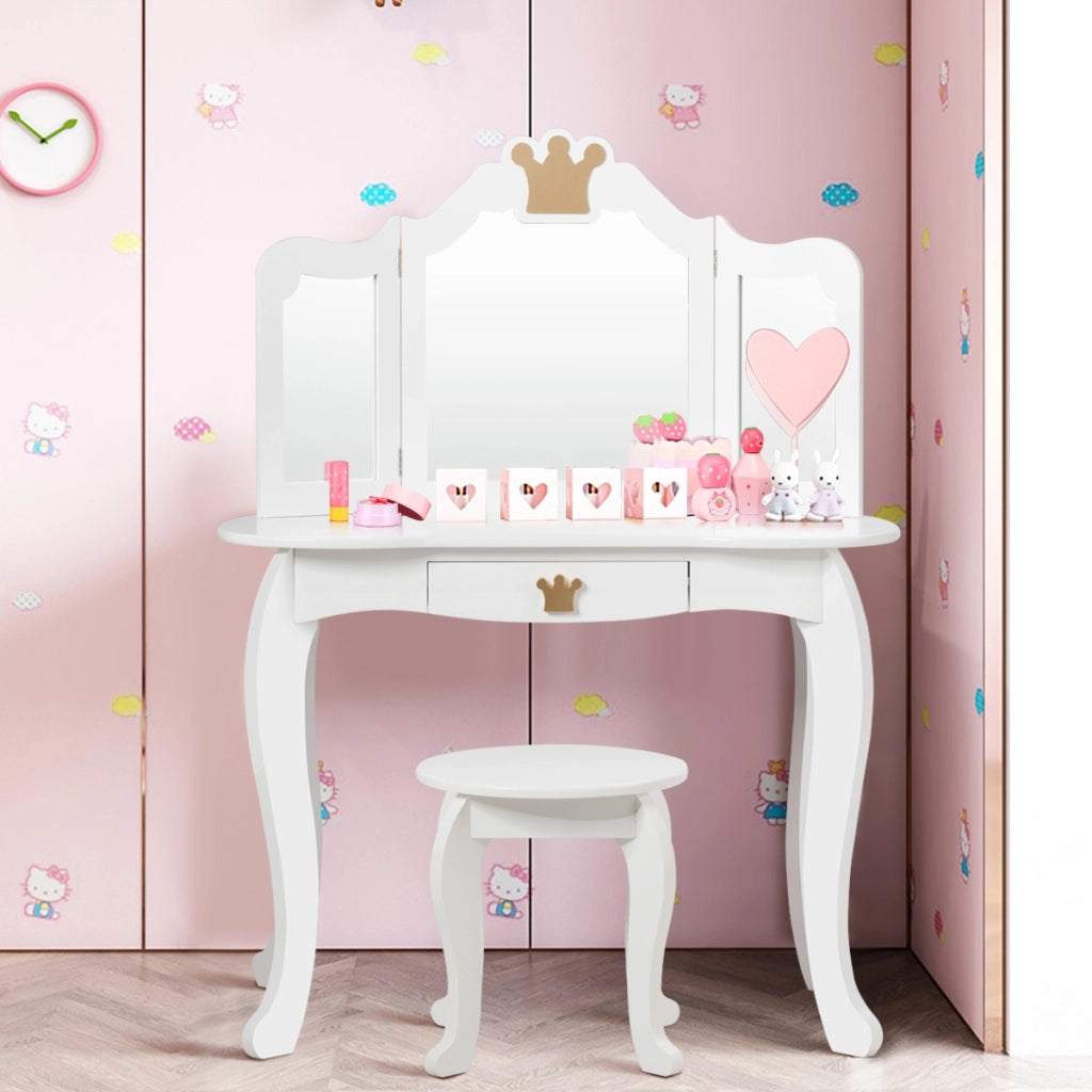 Set toeletta e sedia per bambine con cassetto, Toeletta 2 in 1 con superficie smontabile, Bianco-Toelette per bimbi