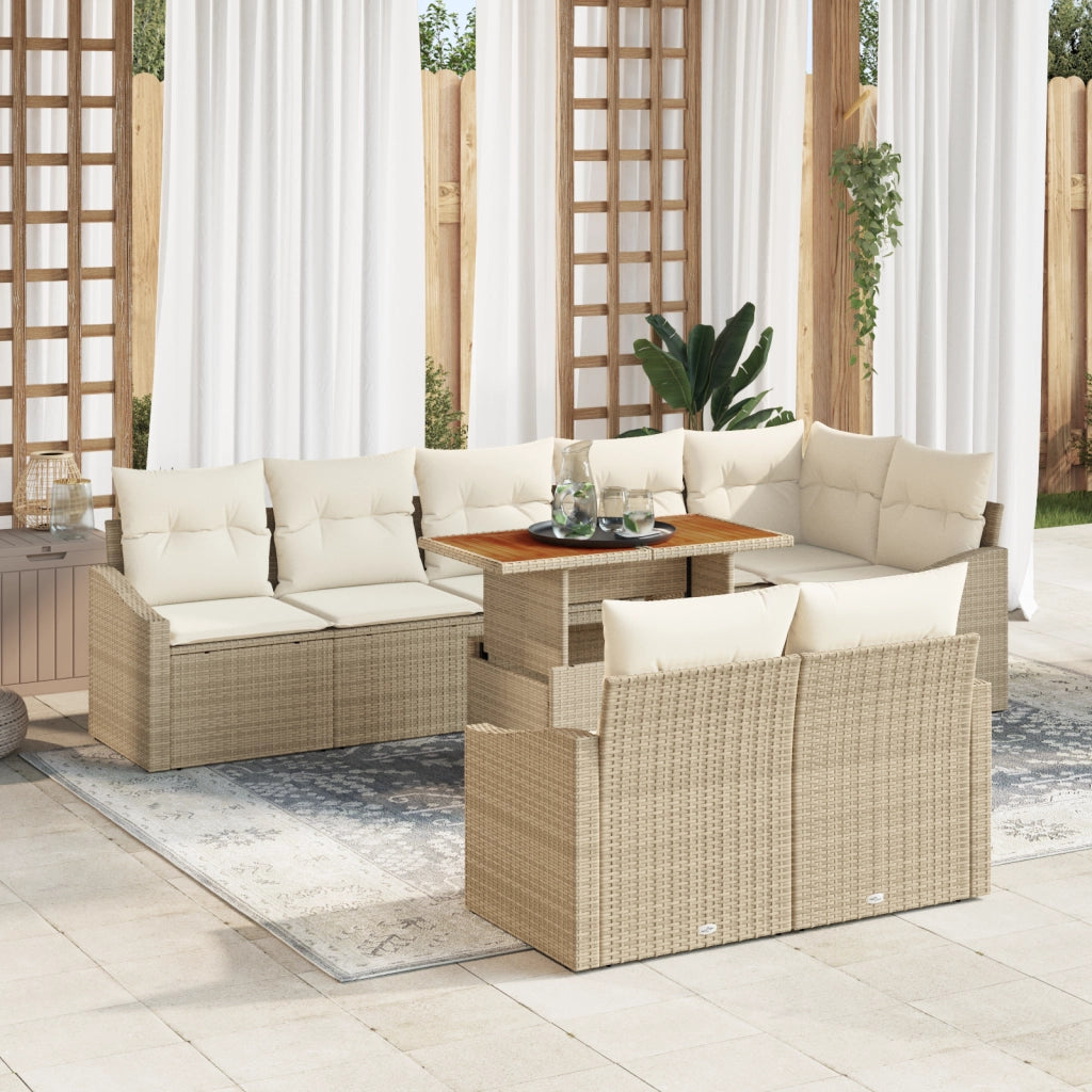 Set Divano da Giardino 9 Pezzi con Cuscini Beige Rattan Poliestere