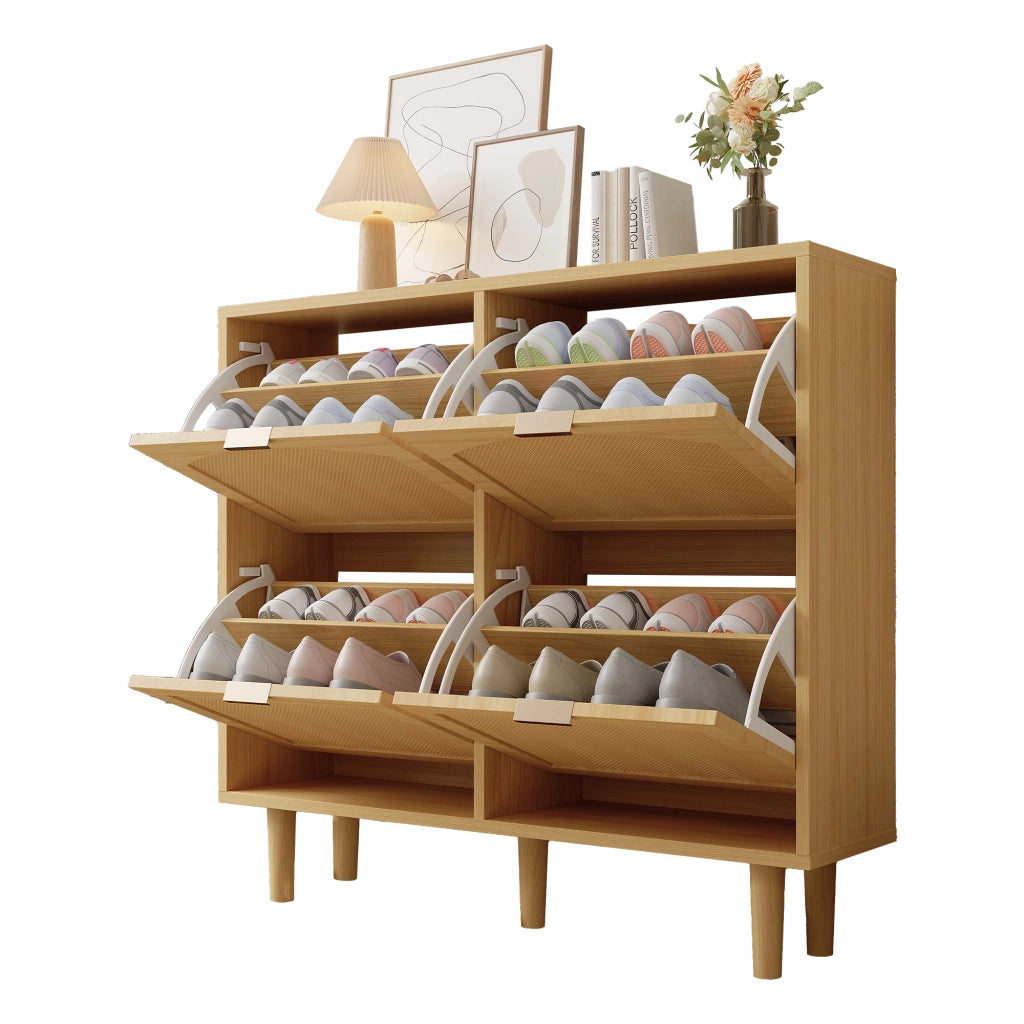 Scarpiera con 4 ante ribaltabili in stile rattan, mobile salvaspazio per ingresso con struttura in truciolare effetto rovere, 100 x 25 x 90 cm