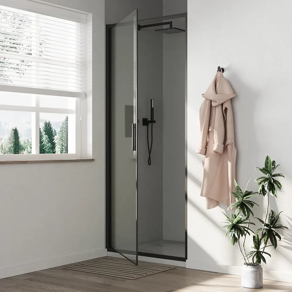 Porta doccia 90cm con apertura a battente profili slim nero opaco vetro 6mm trasparente h190 | Portofino