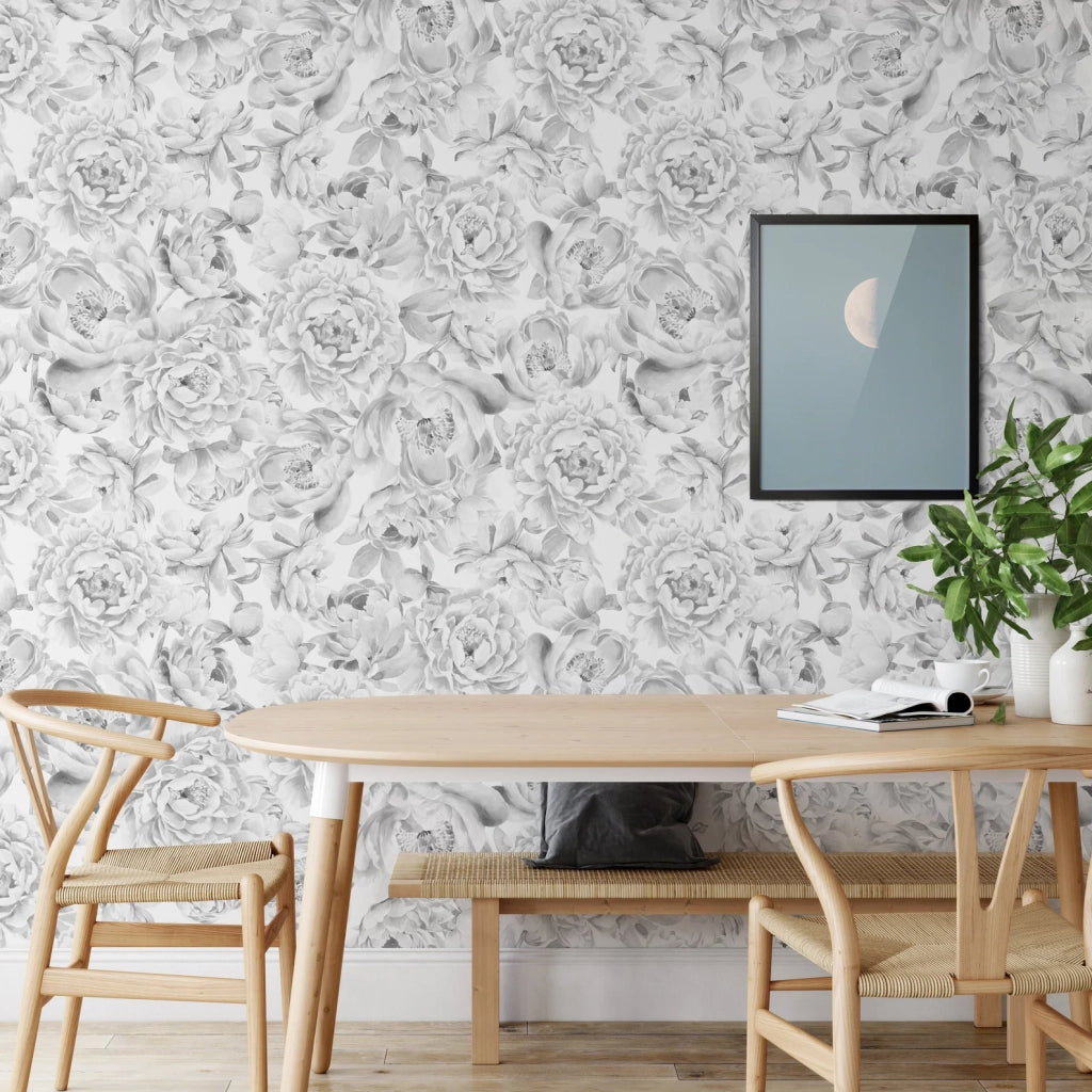 Carta da Parati Peonie Bianca e Nera Carta Vegana 250x200cm 5,5mq 