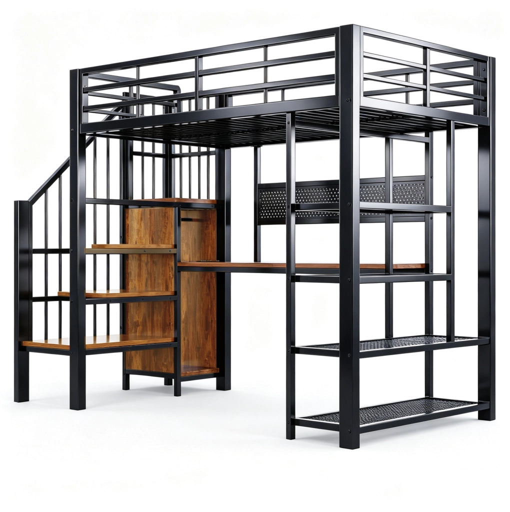 Letto a soppalco multifunzione 90x200 cm in metallo e legno; con scala contenitore; LED e prese; nero