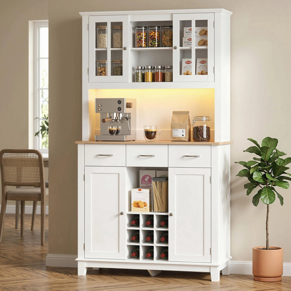 Armadio da Cucina con Porte Vetro e Illuminazione LED ¨C Zephmum ¨C Bianco