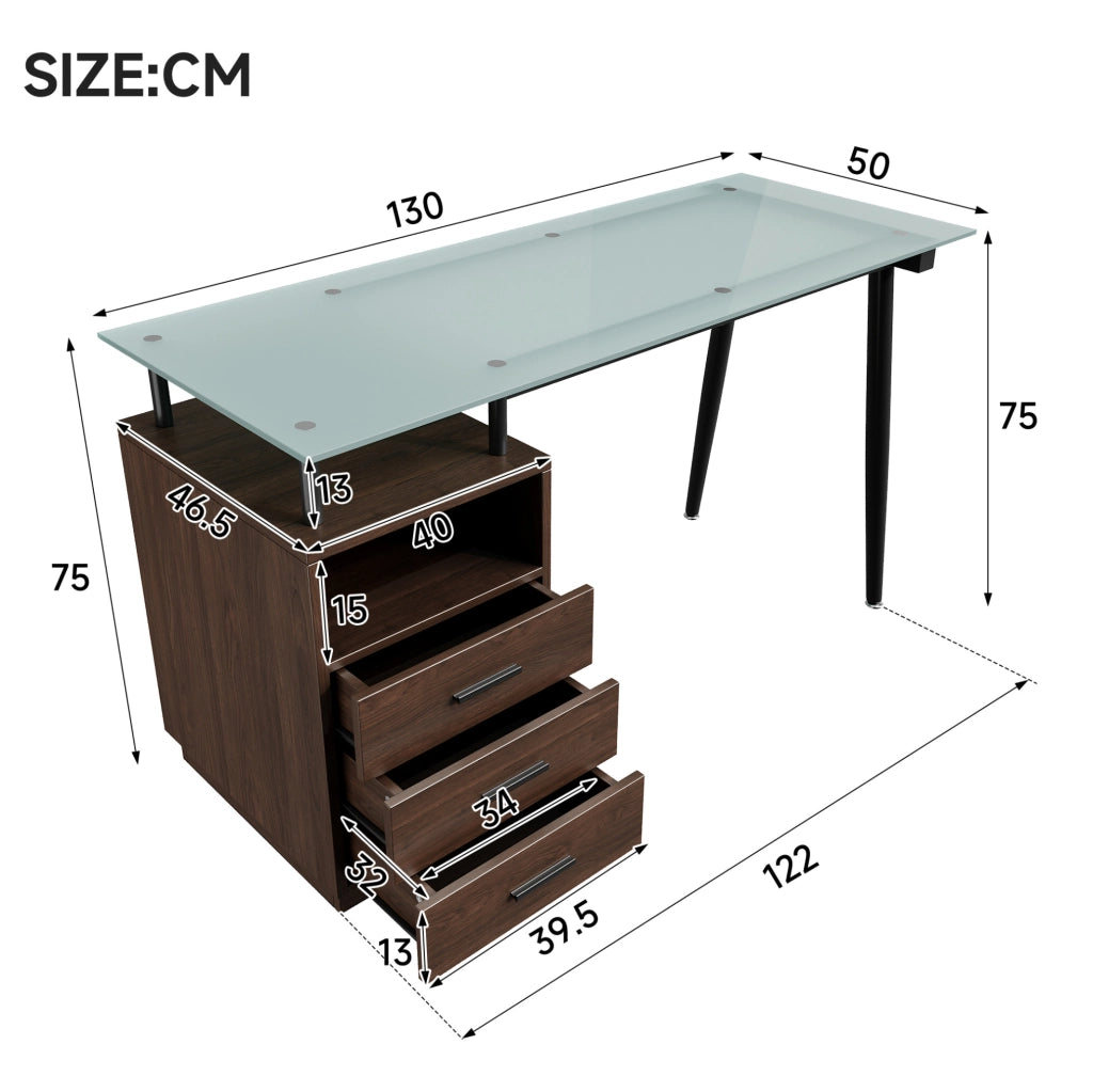 Scrivania 130x50x75 cm con tre cassetti e vano aperto in vetro satinato temperato; MDF e metallo; marrone