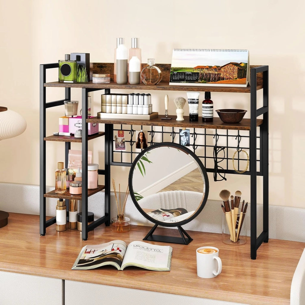 Scaffale da scrivania, scaffale autoportante con 4 ripiani, scomparto aperto, griglia in metallo e 6 ganci rimovibili, risparmio di spazio, libreria per ufficio, cucina, soggiorno (marrone)
