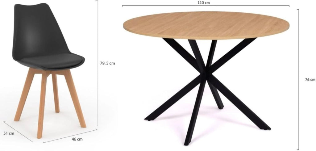 Tavolo da Pranzo Rotondo Alix 110 cm in Legno e Nero e Set di 4 sedie Sara Nere