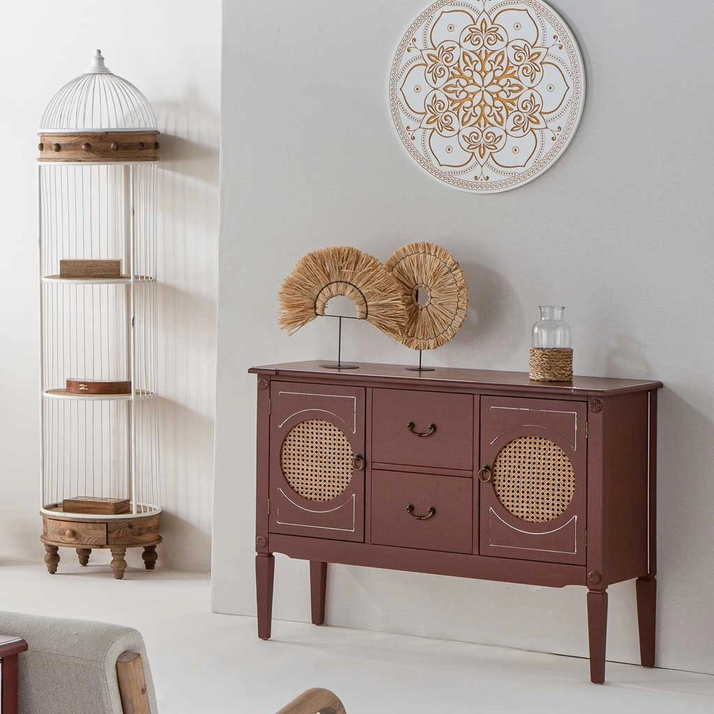 Credenza in legno marrone e rattan 106x40x78h
