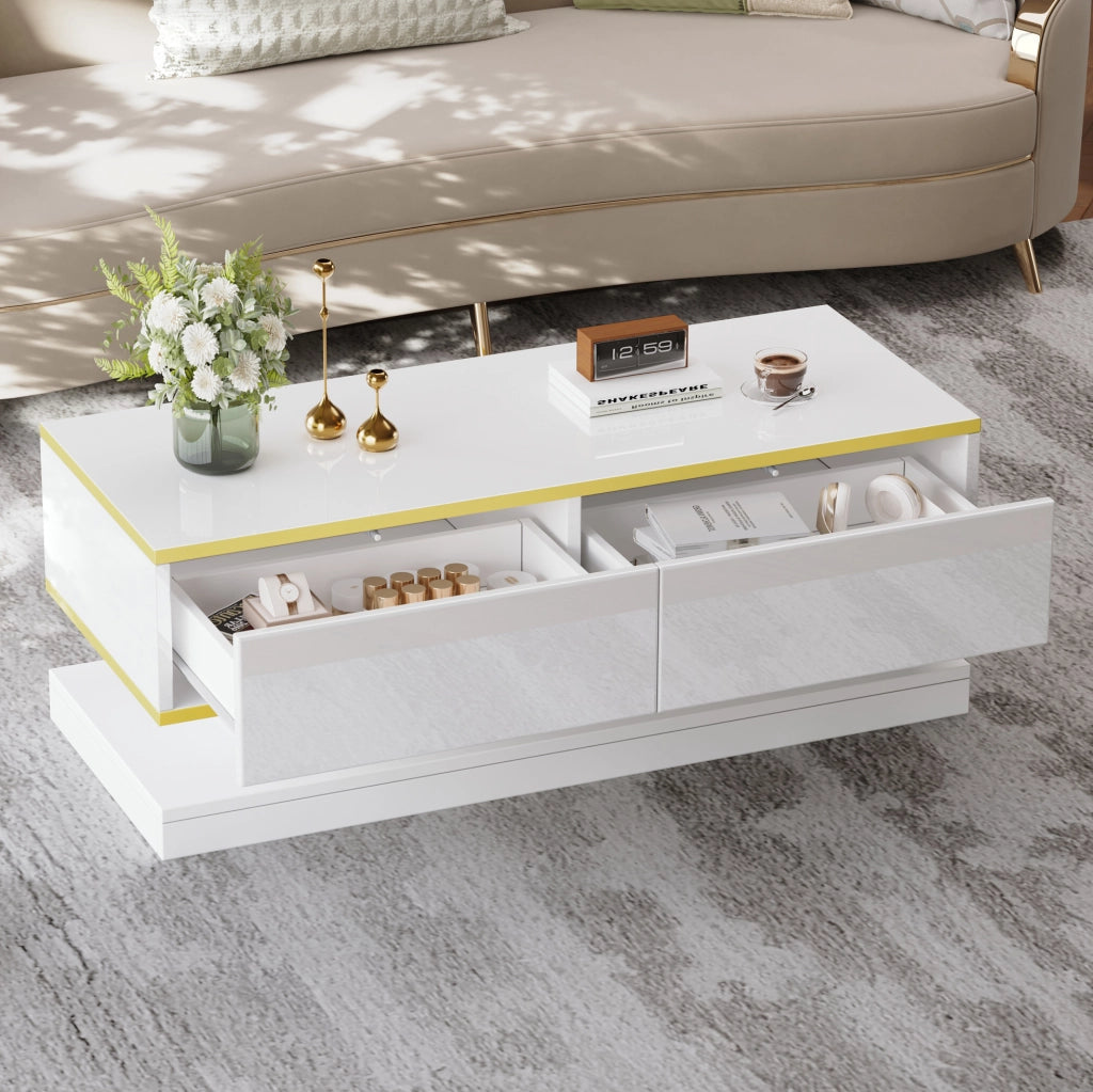 Tavolino da caffè 100x50x38 cm con 2 cassetti; finitura lucida; truciolare; bianco caldo e oro