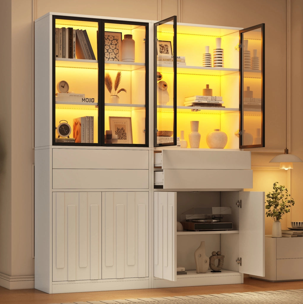 Vetrina a 4 ante con LED Bluetooth; 140x34x180 cm; truciolare e vetro temperato; bianco