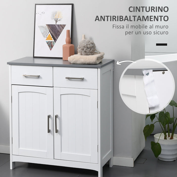 Mobiletto Bagno 2 Ante 2 Cassetti 1 Ripiano 68x33x76 cm in MDF Bianco