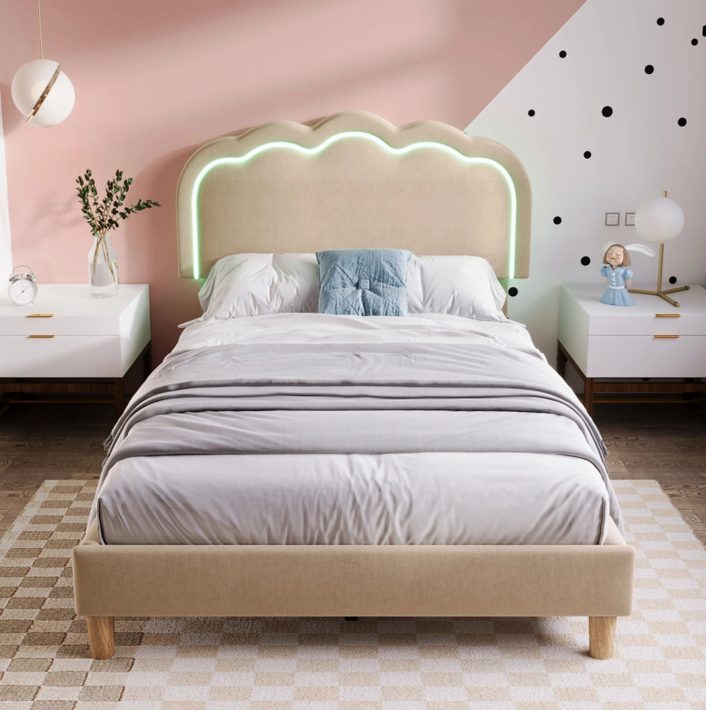 Letto imbottito singolo LED con testiera regolabile 90x190 cm in lino beige
