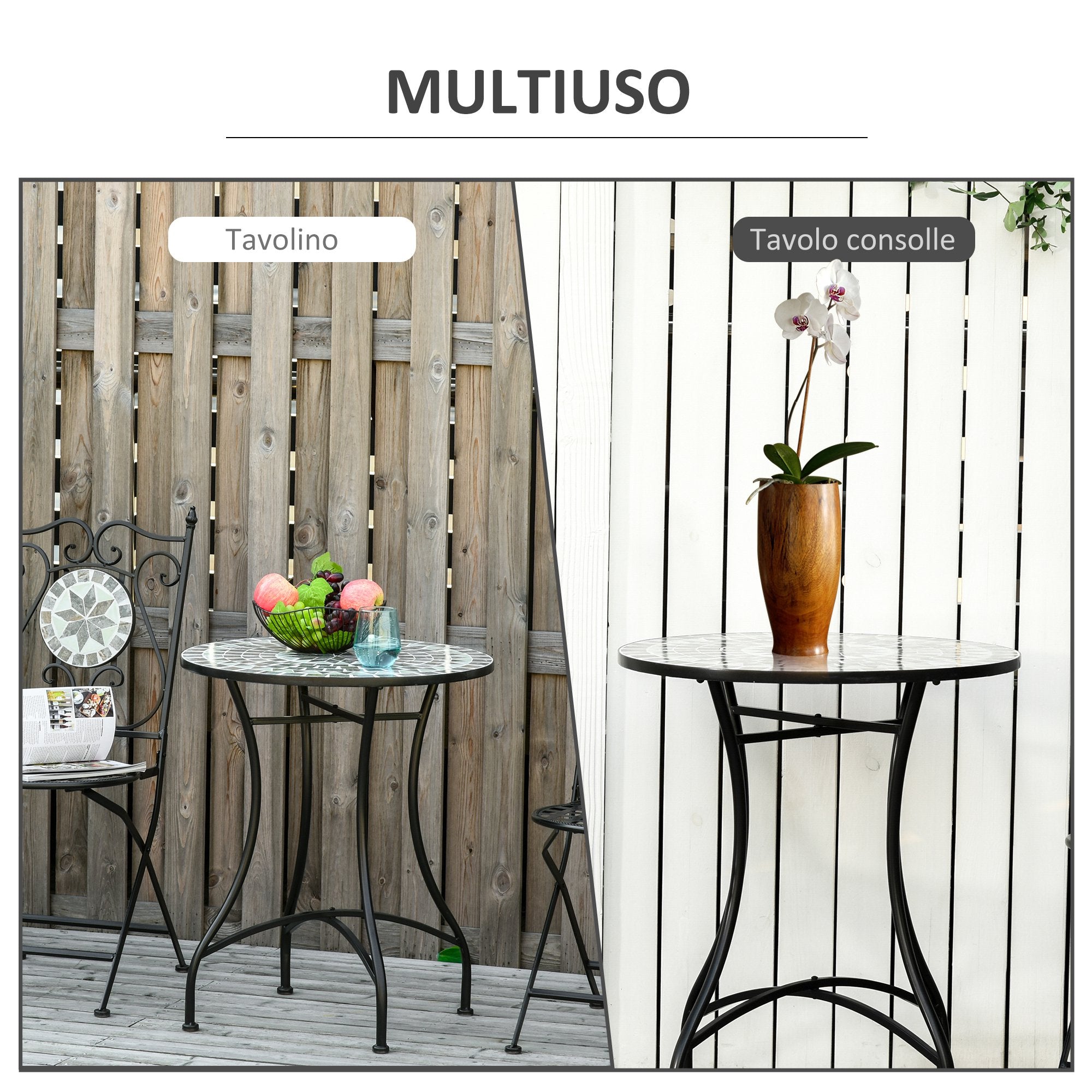 Tavolino da Giardino Ø60x71 cm in Metallo con Mosaico Nero