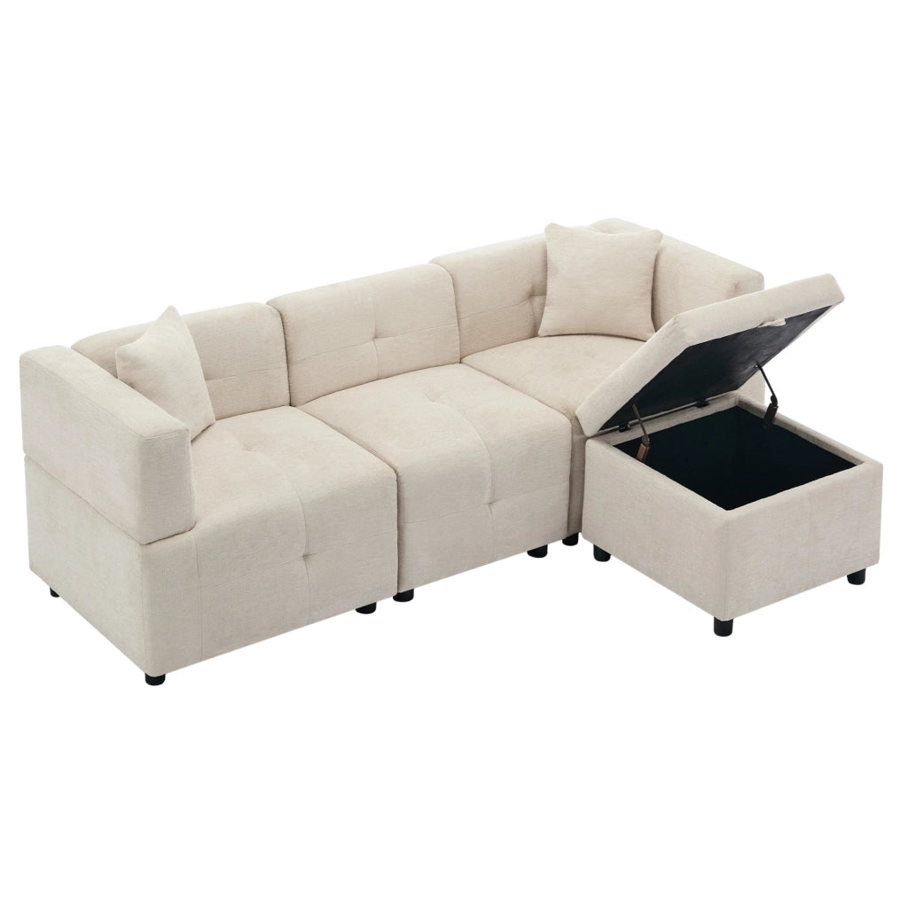 Divano modulare 3 posti ULEVR in ciniglia beige con pouf contenitore e 2 cuscini, 204x126 cm