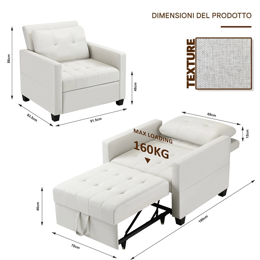 Poltrona Divano Letto Singolo Chaise Lounge Beige Seduta Imbottita Ergonomica