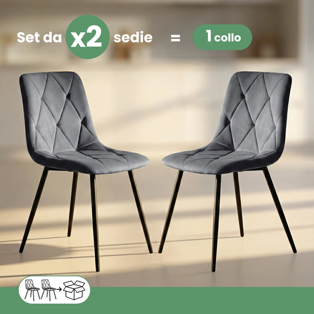 Set di 2 Sedie in velluto trapuntate MILO Grafite Scuro gambe nere