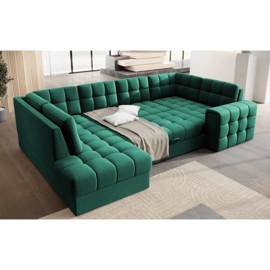 Divano ad angolo convertibile MONTEZA verde sinistro 299 cm con vano contenitore e letto