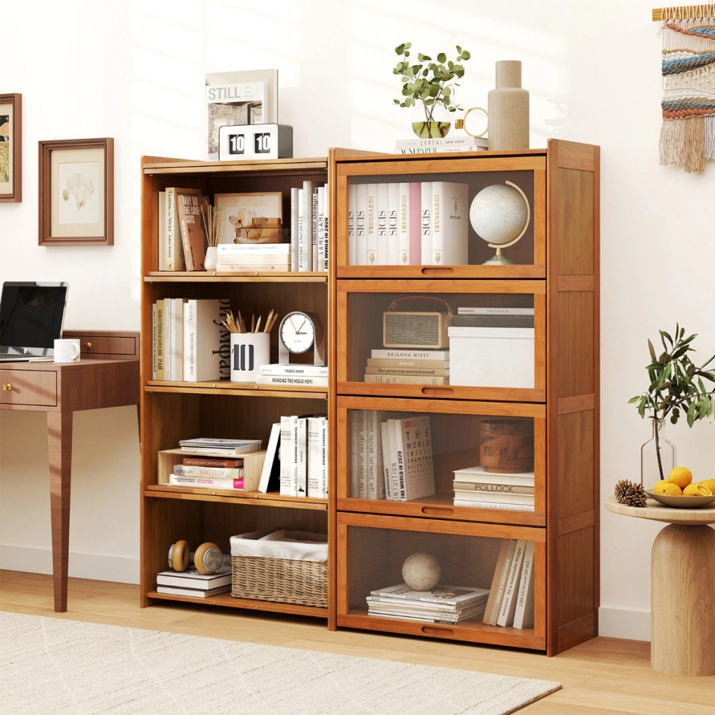Libreria a 4 ripiani con ante in acrilico trasparente, Libreria in bamb¨´ 140cm per studio e soggiorno Marrone-Scaffali e librerie