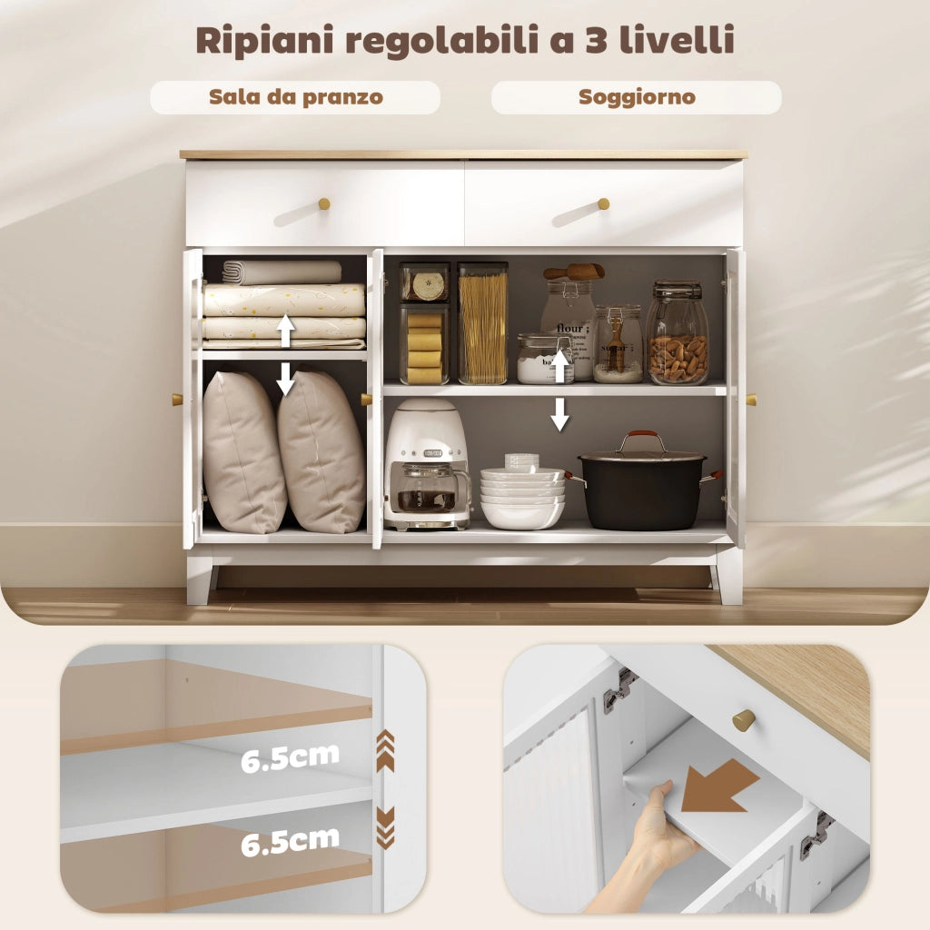 Credenza Cucina Mobile Buffet Ante in Vetro 100x35x80.3cm Bianco e Rovere