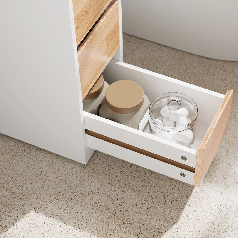 SoBuy | Mobiletto bagno salvaspazio bianco con 4 ruote | Mobile bagno con 3 cassetti | Cassettiera bagno a 2 ripiani | 23.2x65.3x82.0 cm | Capacità di carico 46 kg | BZR54-IV-WN