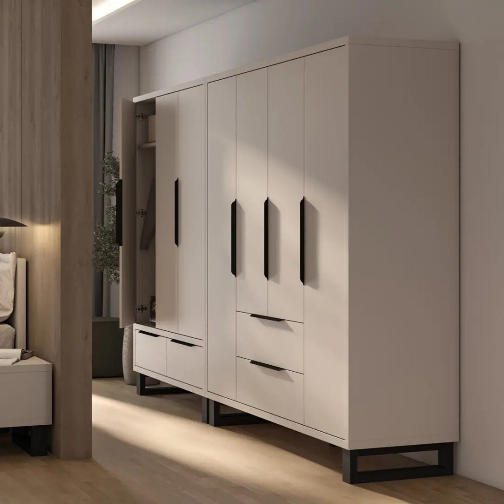 Armadio MILOS 4 porte cachemire con 2 cassetti e maniglie in metallo 191 cm