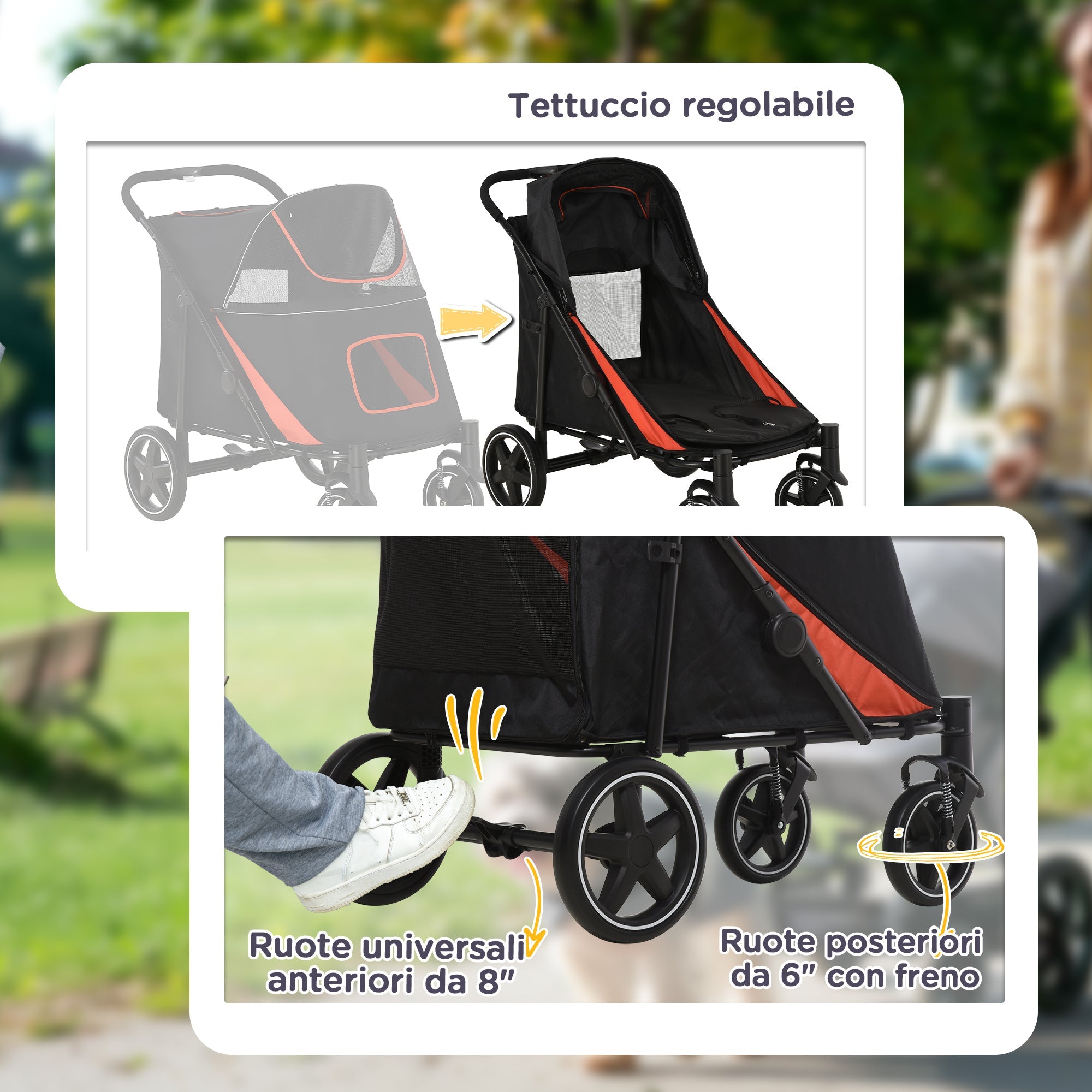 Passeggino per Cani Taglia Media e Grande 112x65x100 cm Pieghevole con Ingressi a Cerniera Nero e Rosso
