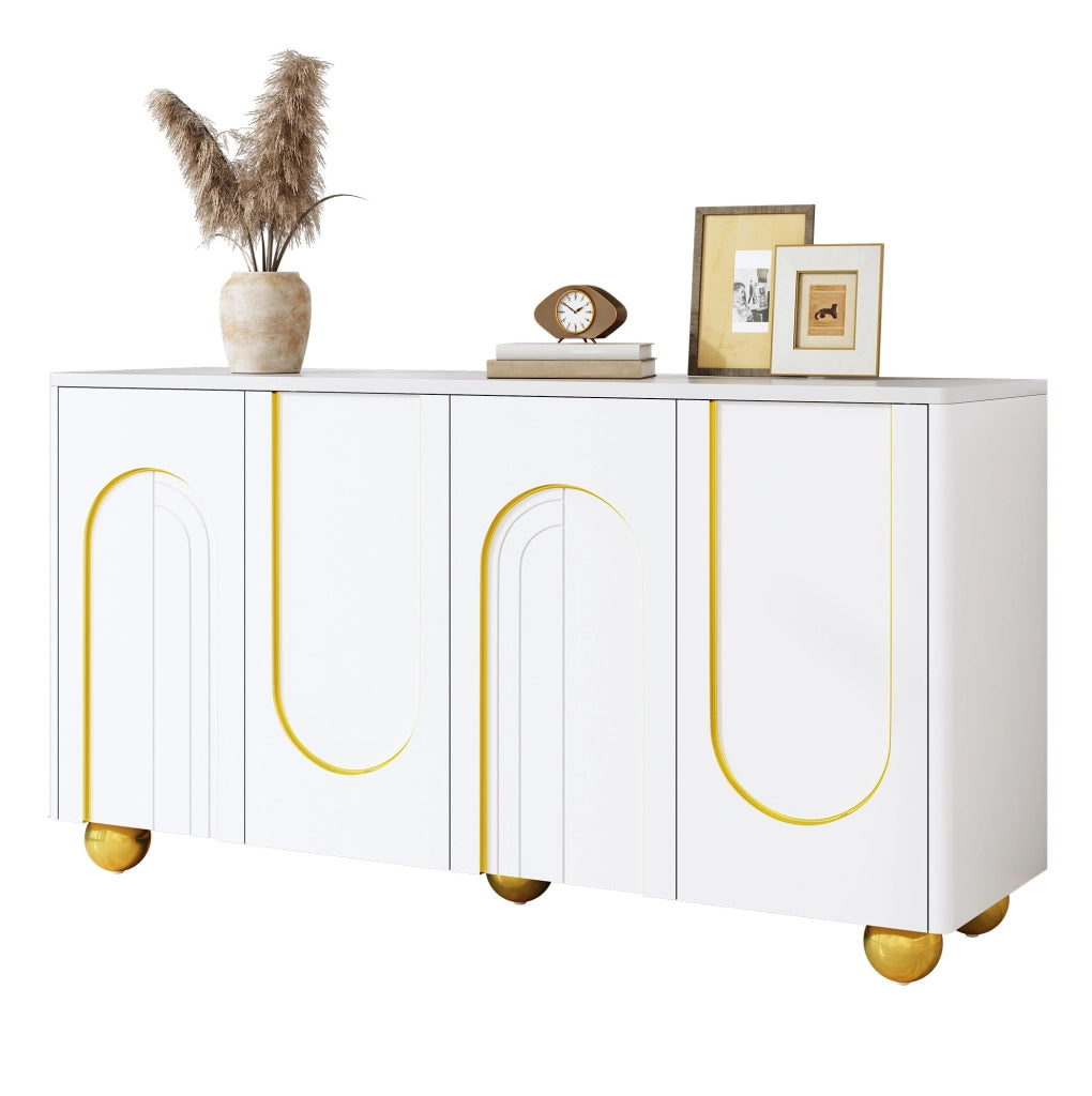 Sideboard bianco 4 ante con decoro dorato, 140x40x74 cm