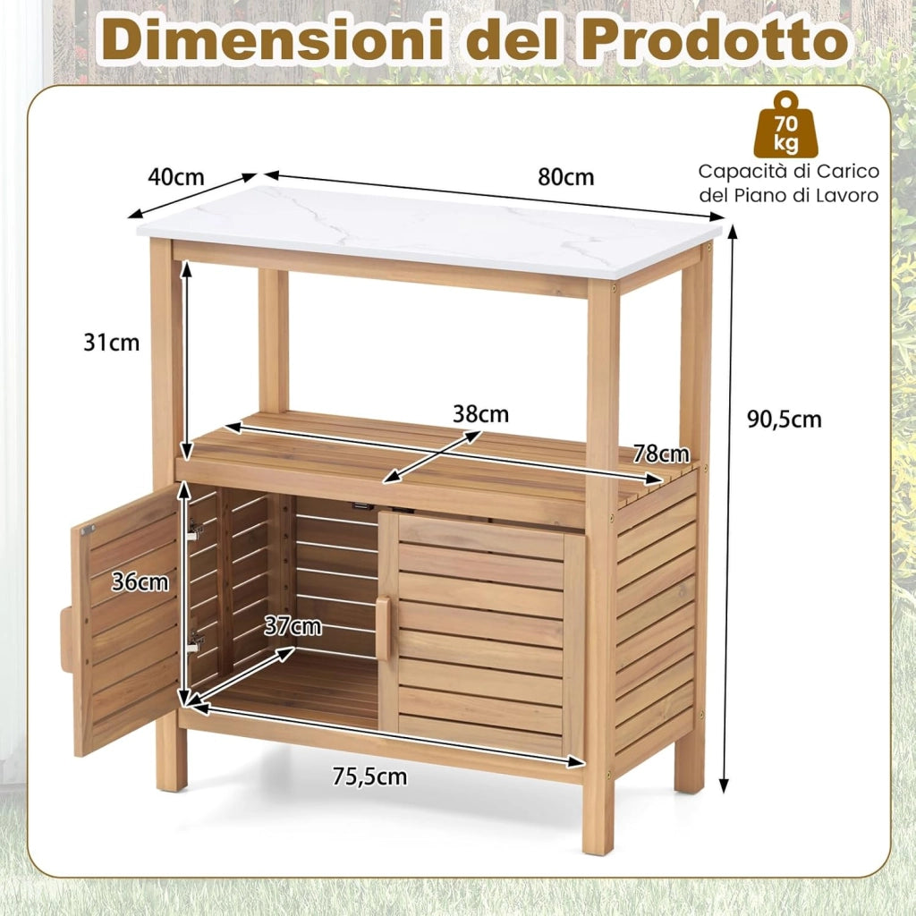 Armadio da Esterno Impermeabile in Legno di Acacia, Mobile Esterno Balcone con Piano di Lavoro in Resina, 2 Ante Persiana e Ripiano Aperto, per Piante e Attrezzi, Naturale, 80 x 40 x 90,5 cm