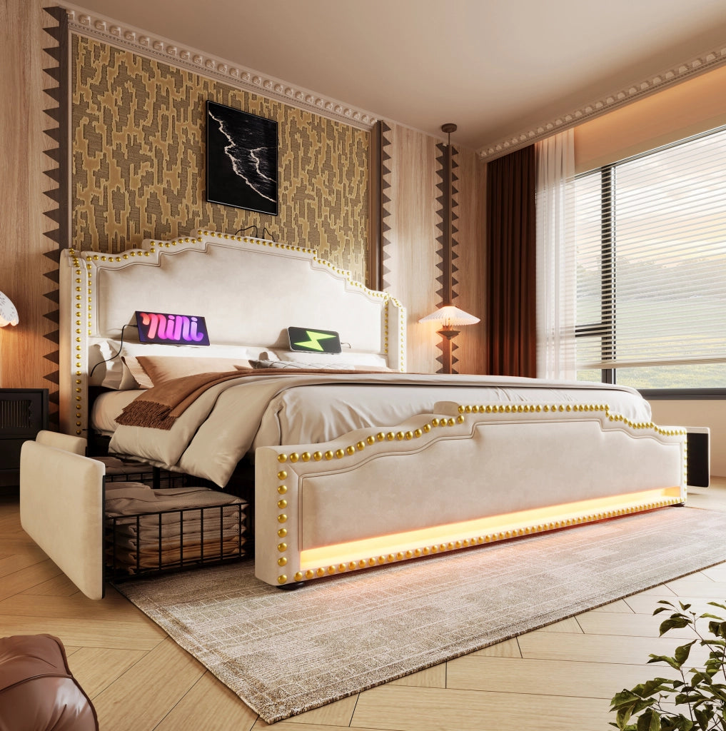Letto matrimoniale 160x200 in velluto con LED, USB-C e 4 cassetti
